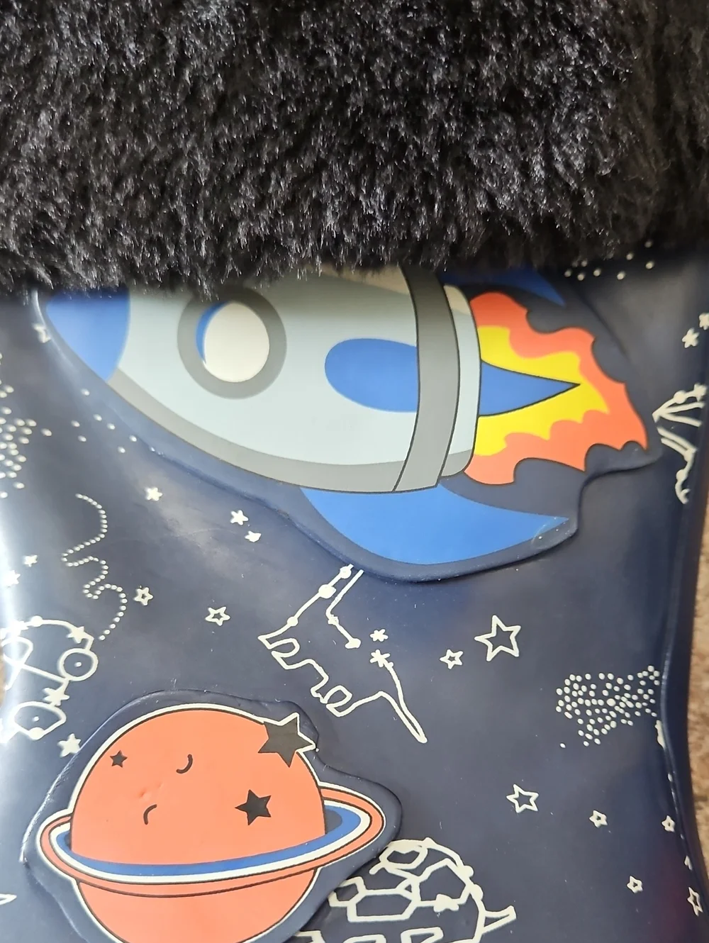 Nova Kids Space Rocket Rain Boots with Faux Fur Cuff - Navy & Red